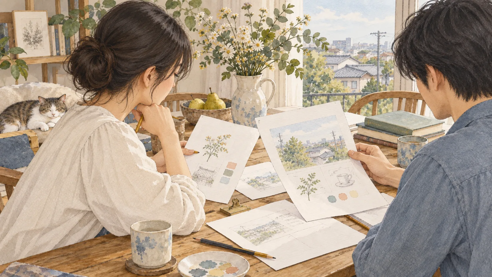 二人で原稿や絵を広げ、ページを見比べる机の風景
