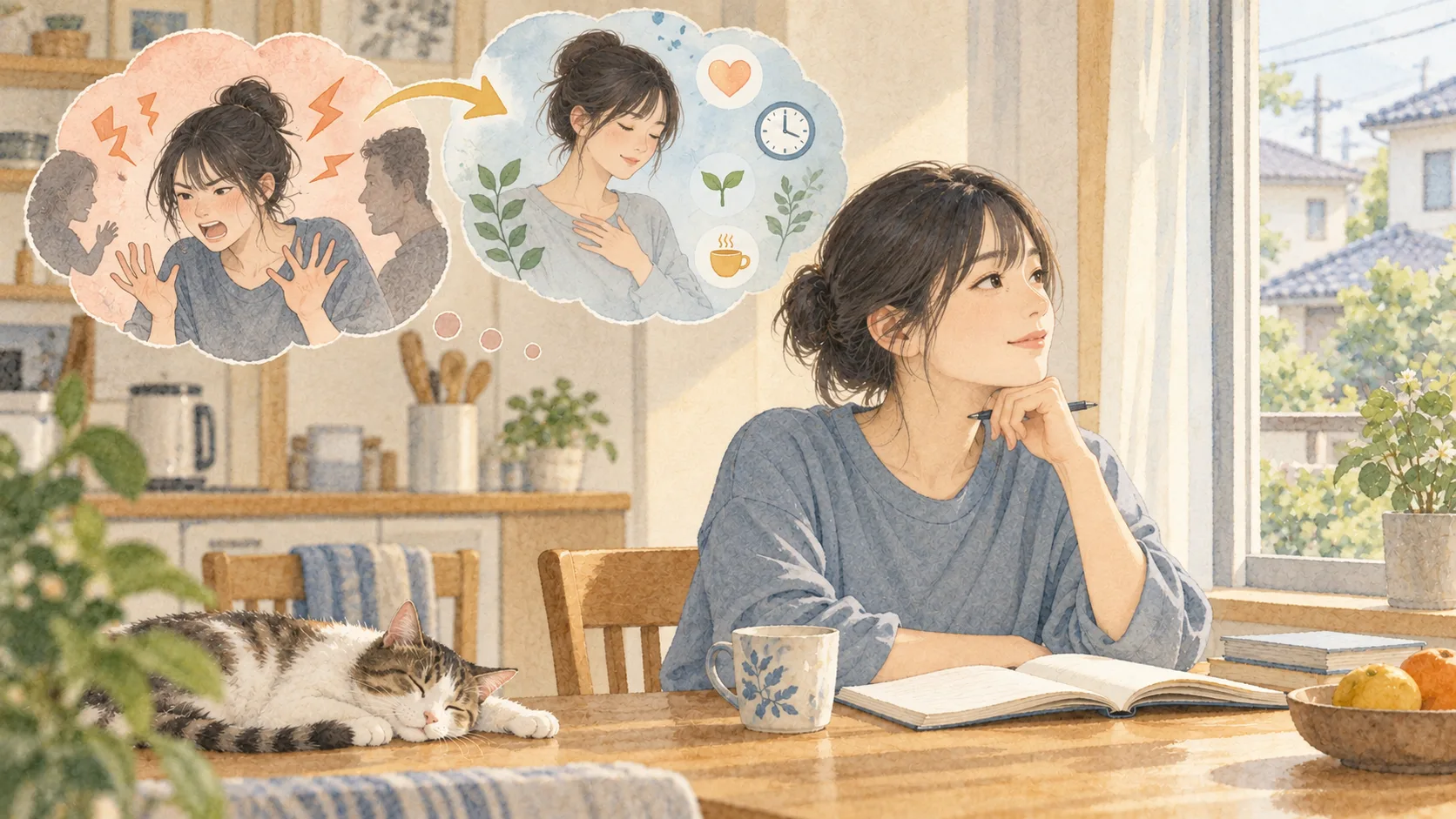 怒った場面と気持ちが落ち着いた場面を思い浮かべ、ノートに向かう人