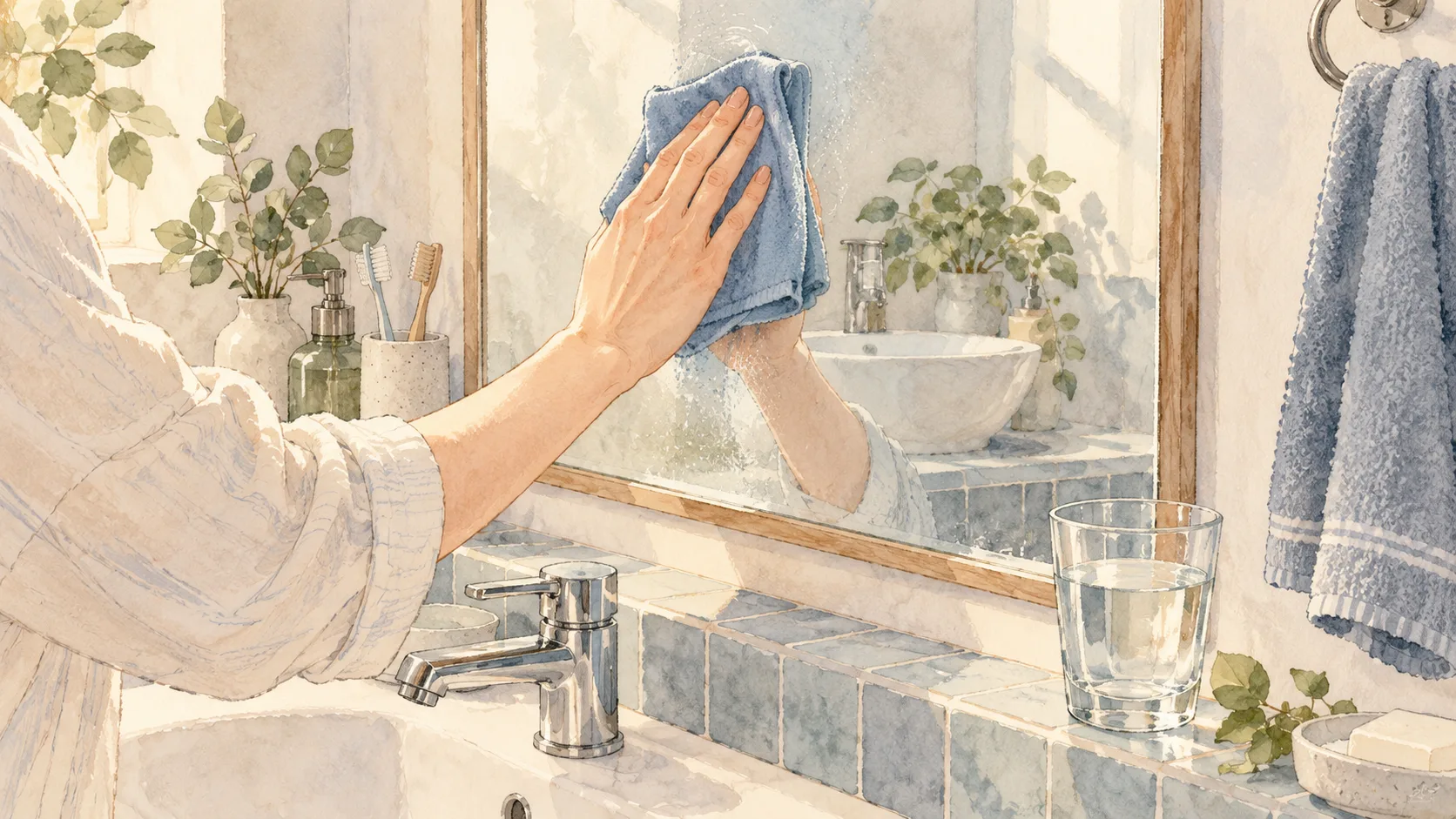 青い布で洗面所の鏡を拭く手と、棚に置いたコップの水