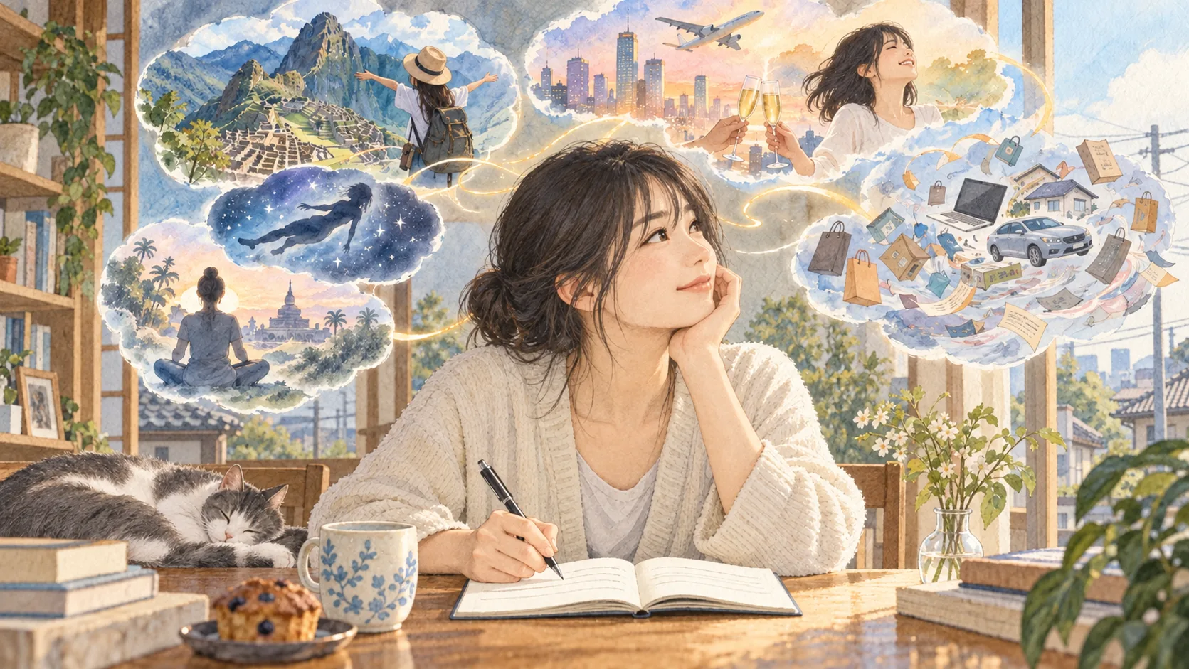 さまざまな体験や願いの場面を思い浮かべながら、手帳を開く人