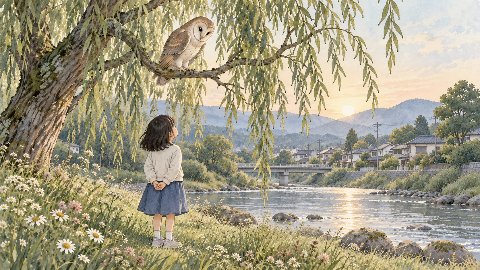 川辺の木にとまるふくろうを、岸から見上げる子ども