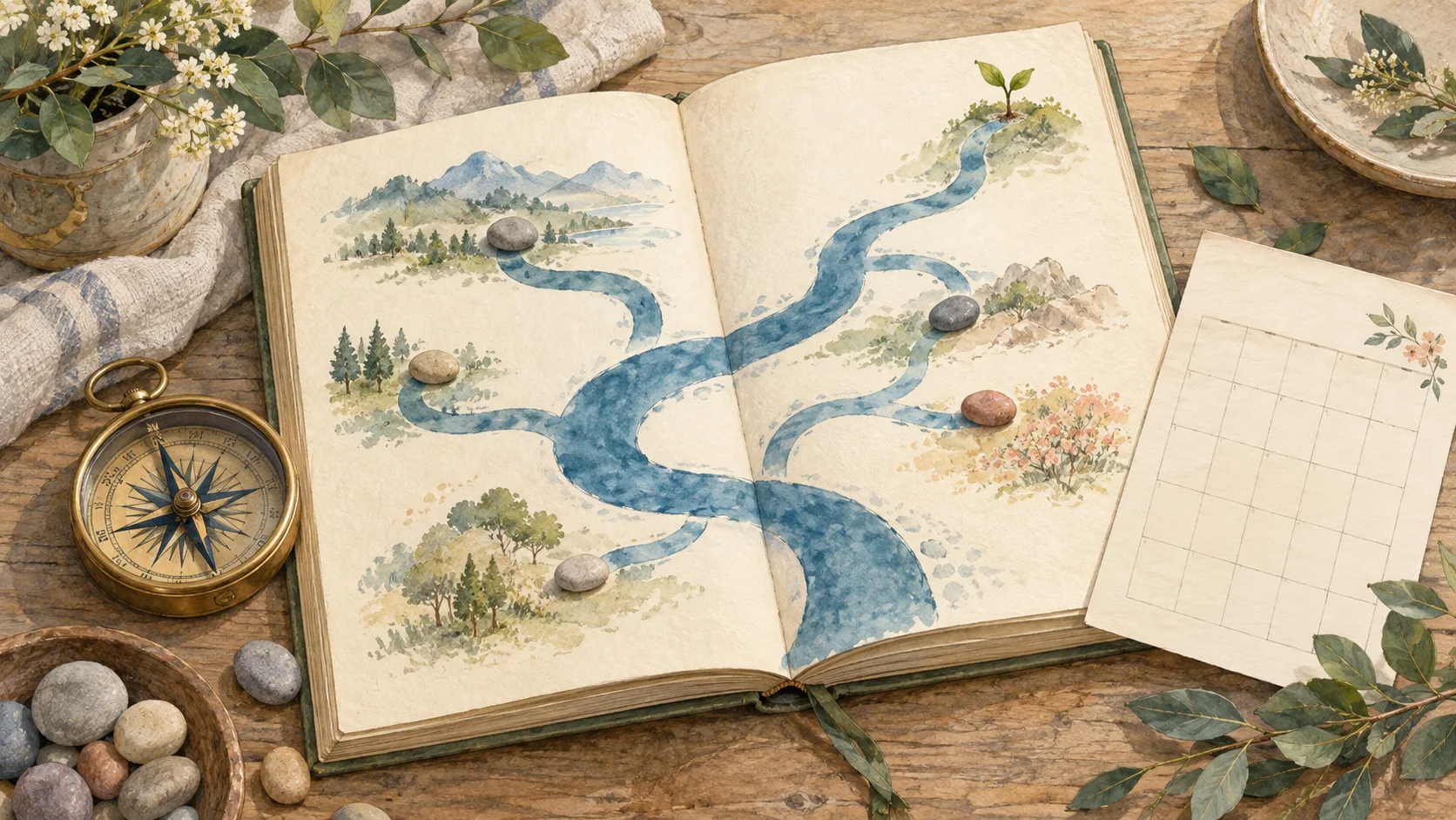 開いた本の上に分かれ道が描かれ、そばに方位磁針と小石が置かれた絵