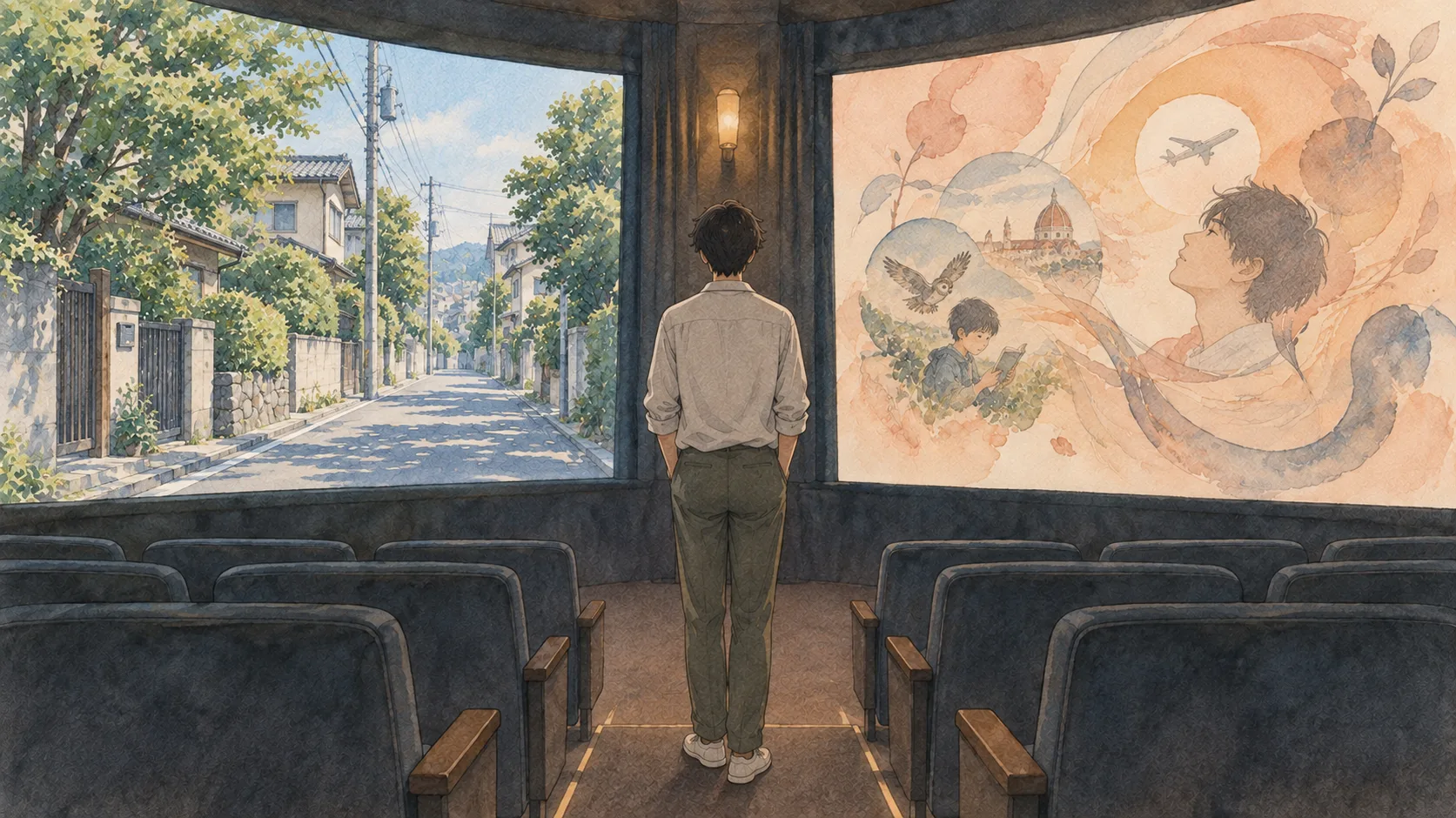 街の風景と頭の中の思いを表す二つのスクリーンの間に立つ人