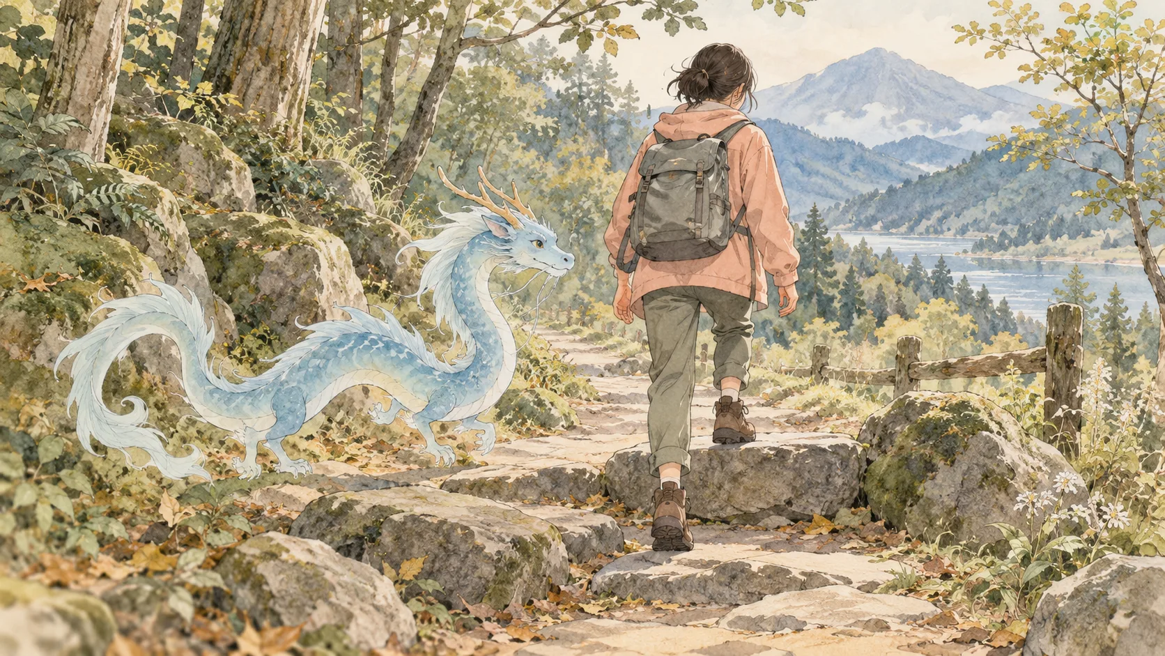 森の小道で一歩を踏み出す人に、青緑の小さな龍が寄り添う絵