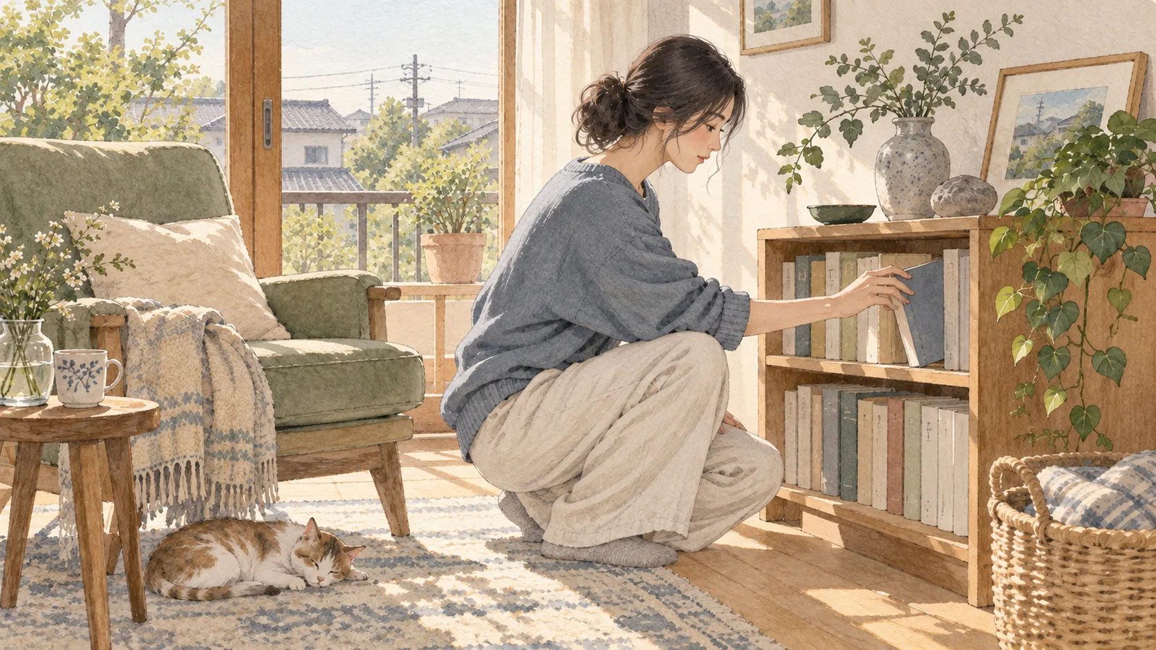 低い木の本棚から一冊を選ぶ人と、隣の読書椅子