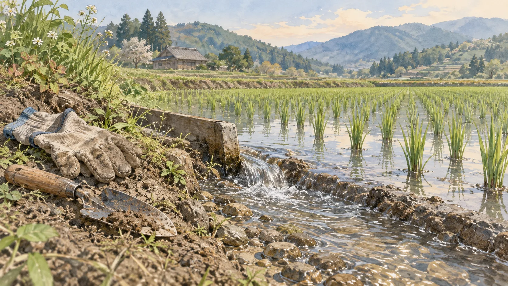 田へ水が流れる水路と、畦に置かれた泥のついた手袋と小さなスコップ