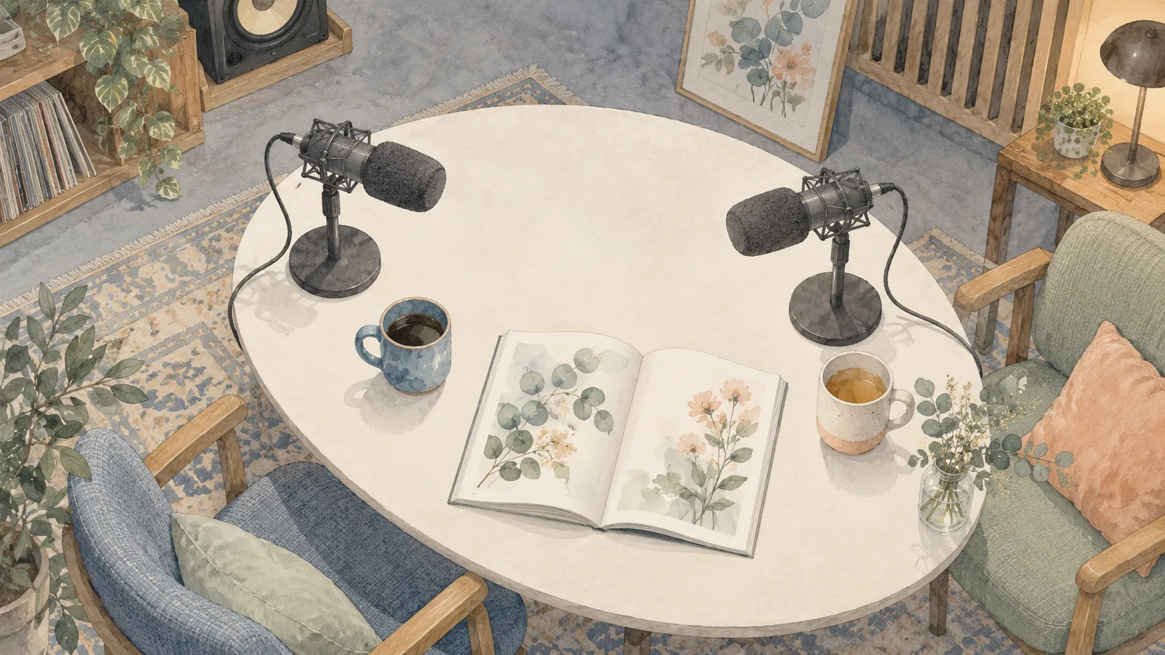 向かい合う二本のマイクと二つのカップ、植物の絵の雑誌を置いた机