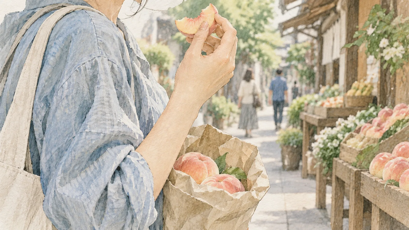 市場で桃のひと切れを味わう匿名の買い物客の手元
