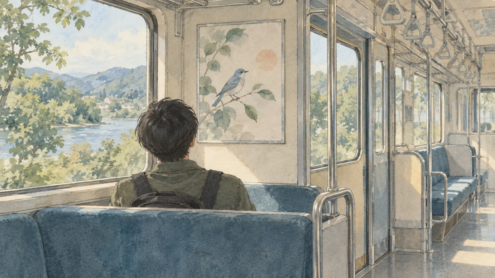 電車の座席から鳥の絵の広告を眺める匿名の乗客の後ろ姿