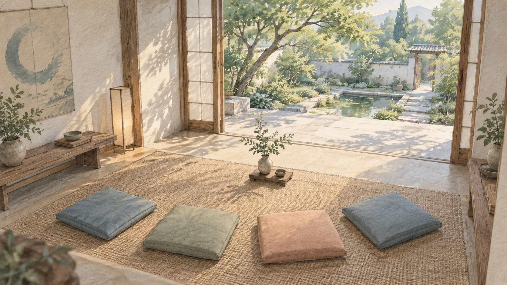 庭に面した静かな部屋に、緩やかな弧を描いて並ぶ四つの座布団