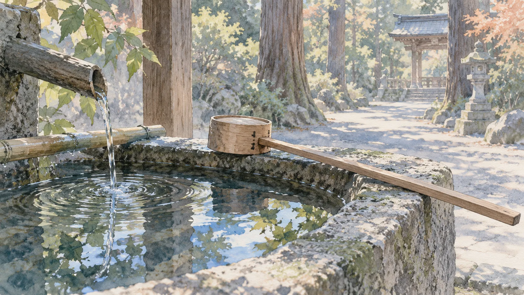木々を映す神社の手水鉢と、縁に渡された木の柄杓