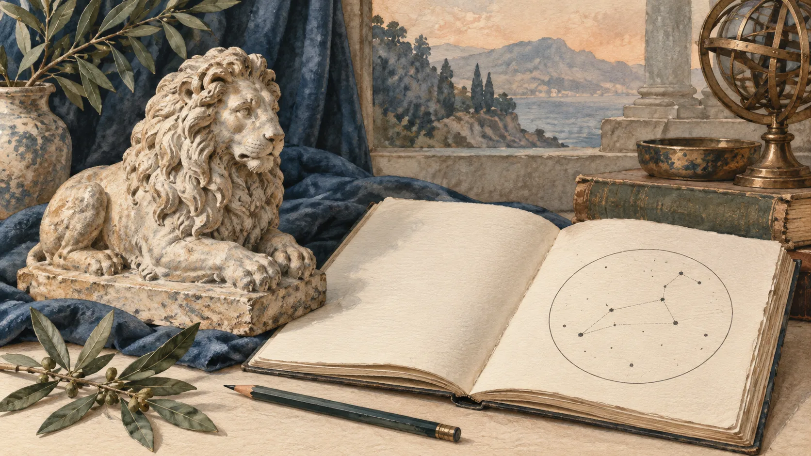 獅子の小さな彫像と、星の点を描いた本を置いた机