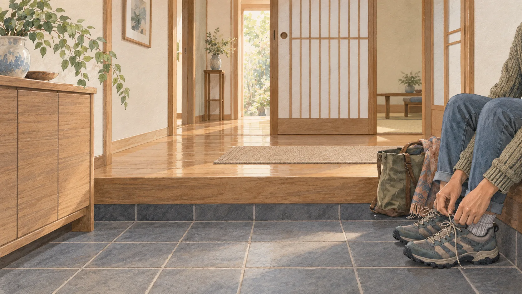 玄関で座り、履き慣れた歩きやすい靴の紐を結ぶ手元
