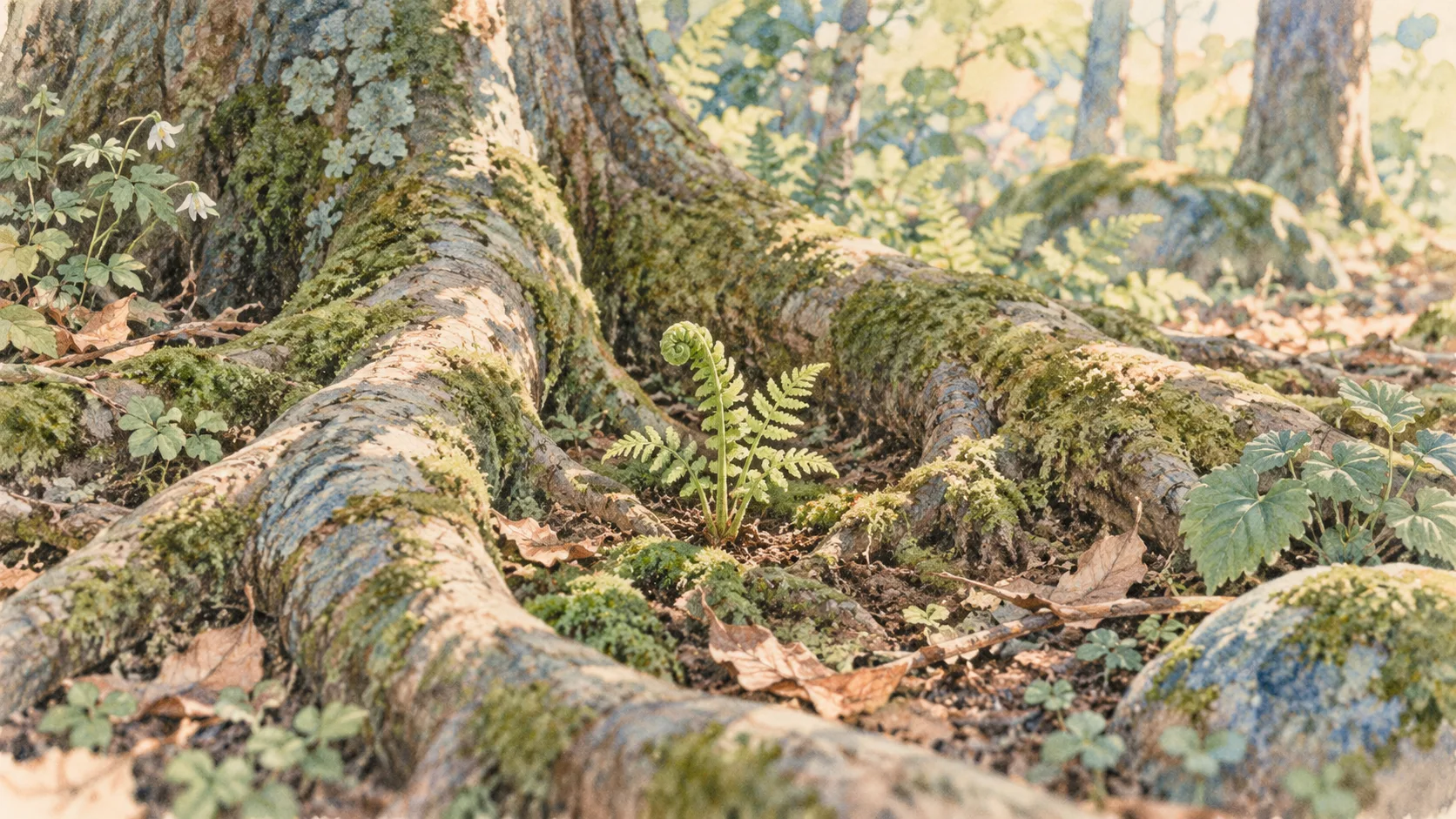 苔むした大木の根の間から伸びる、小さなシダの芽