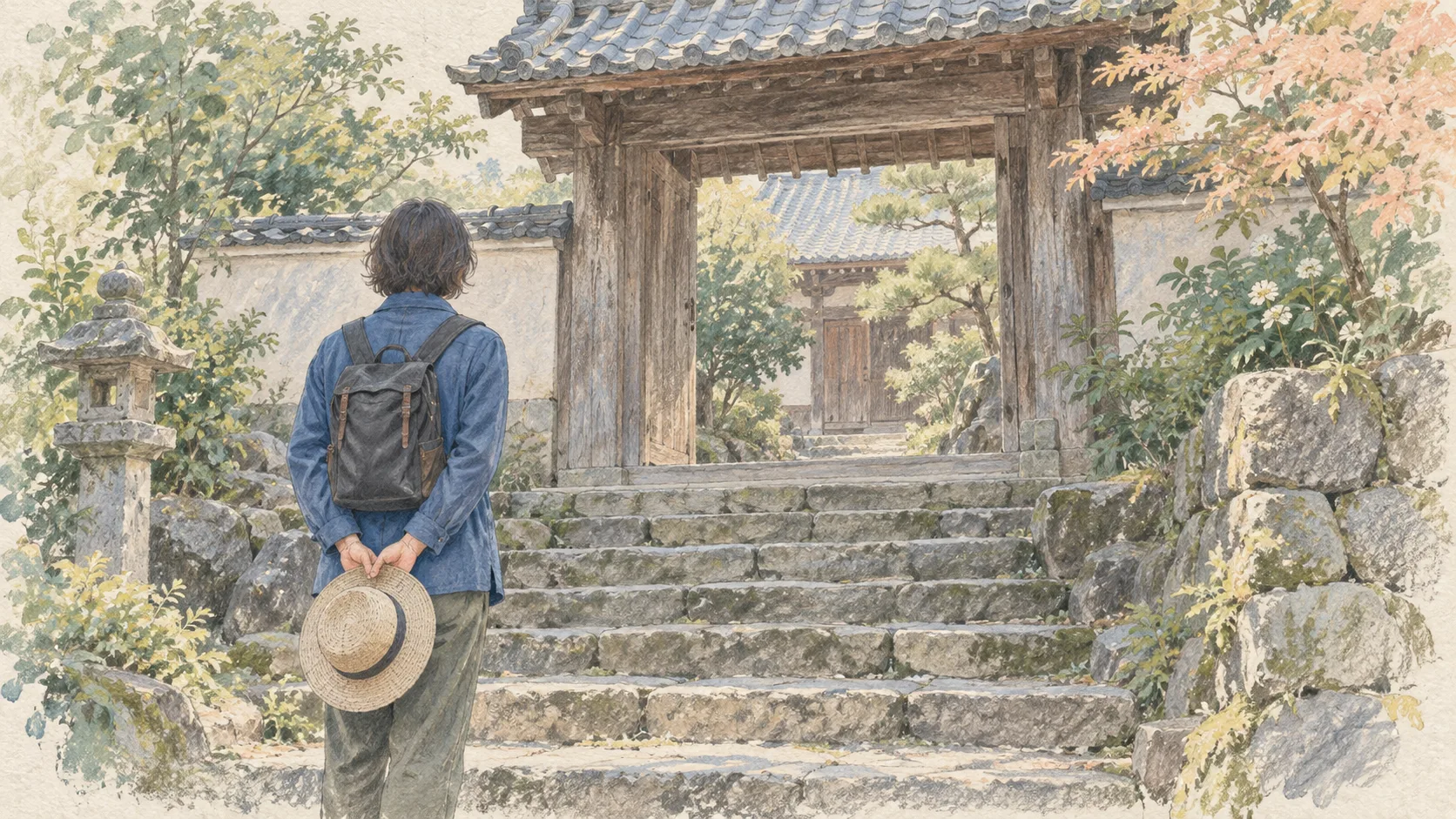 寺の門を前に、帽子を外して持つ匿名の参拝者の後ろ姿