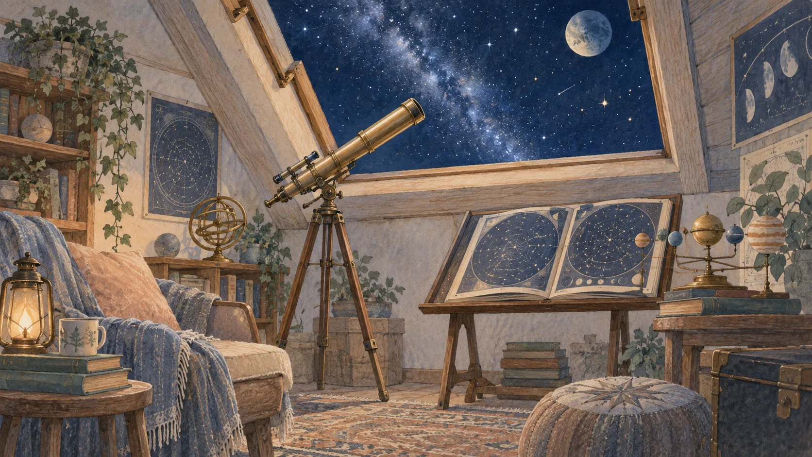 星空へ向けた望遠鏡と、星図や惑星の模型を置いた読書室