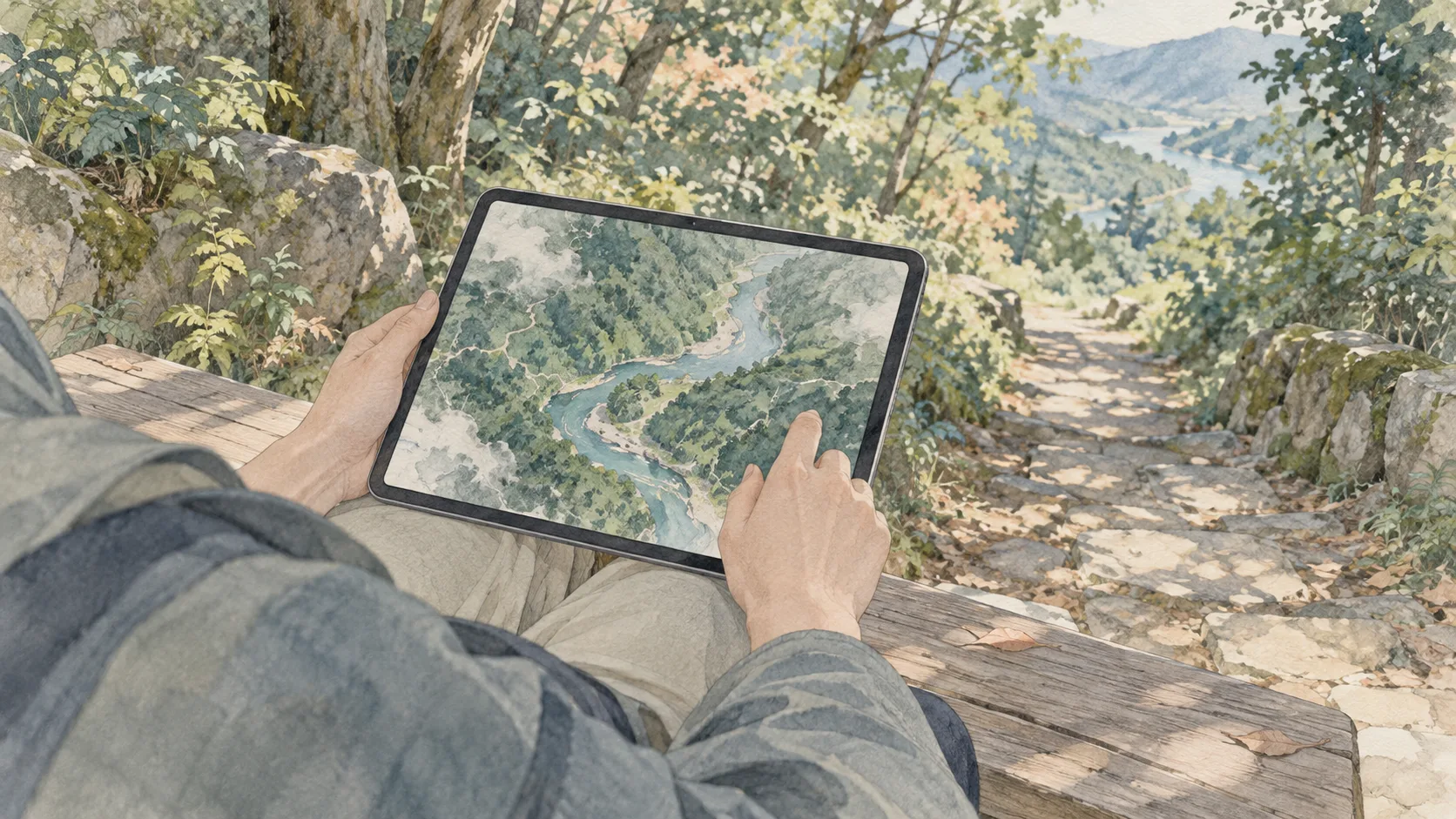 緑の道のそばのベンチで、タブレットの地図を見る匿名の人物の手元