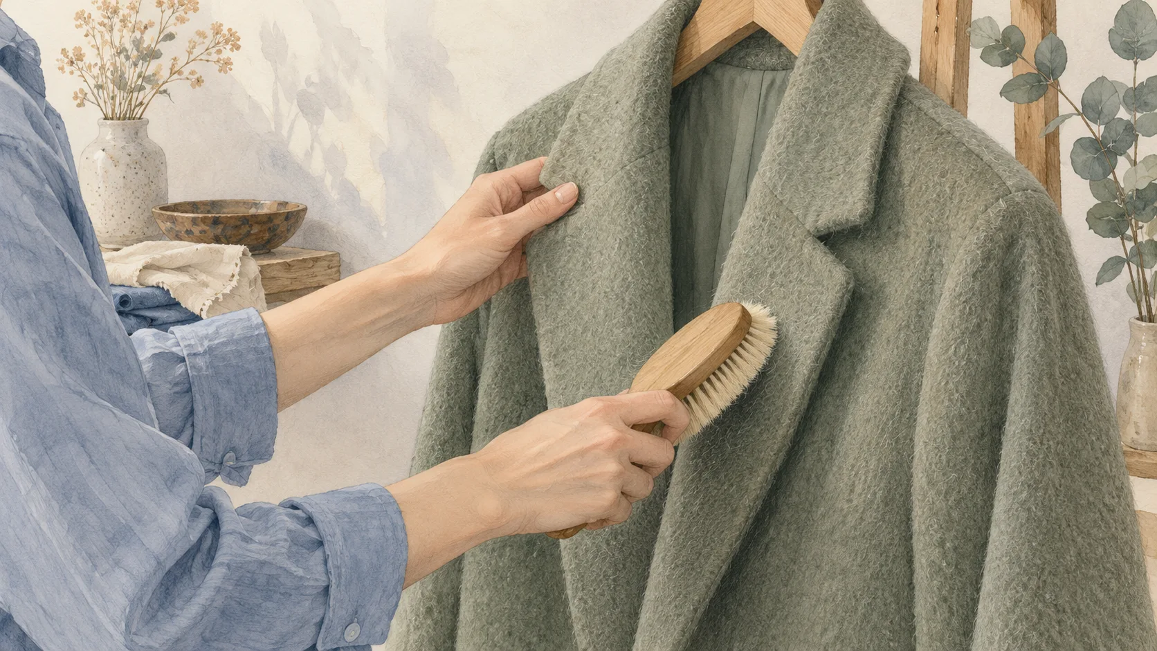 ハンガーに掛けた緑のコートを、洋服ブラシで手入れする手