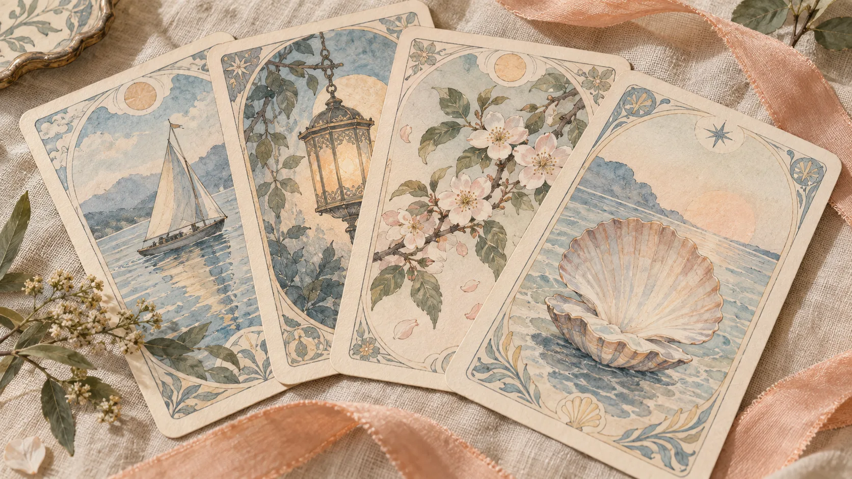 帆船、ランプ、花、貝殻を描いた四枚のカードが扇状に並ぶ