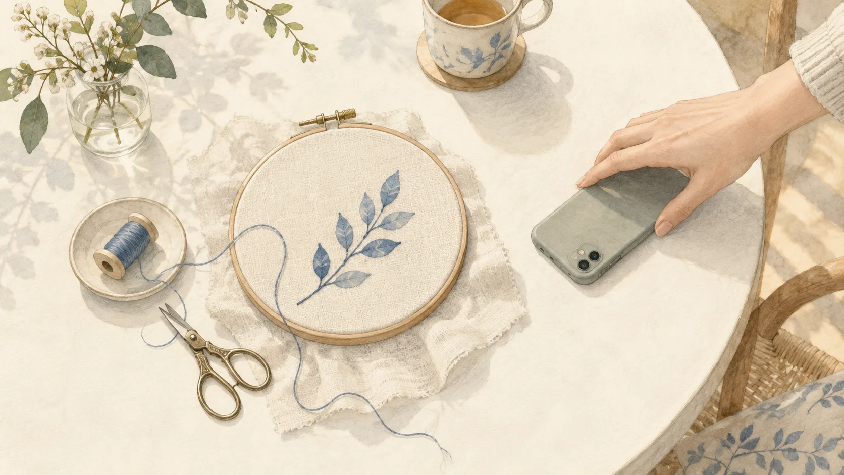 刺繍道具が並ぶ机でスマートフォンを伏せる手