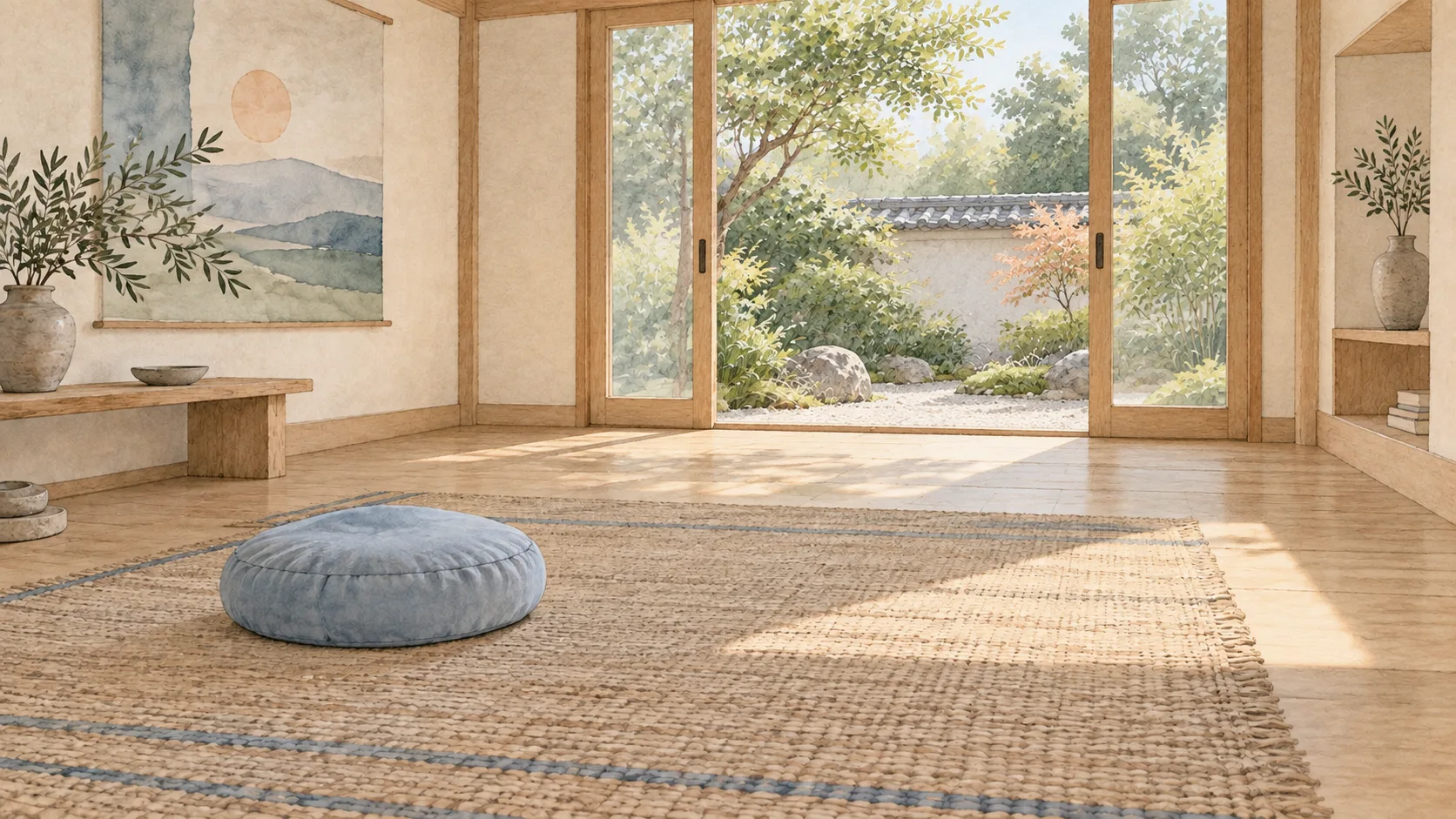 青い座布団を置いた静かな部屋と、開いた扉の先の庭