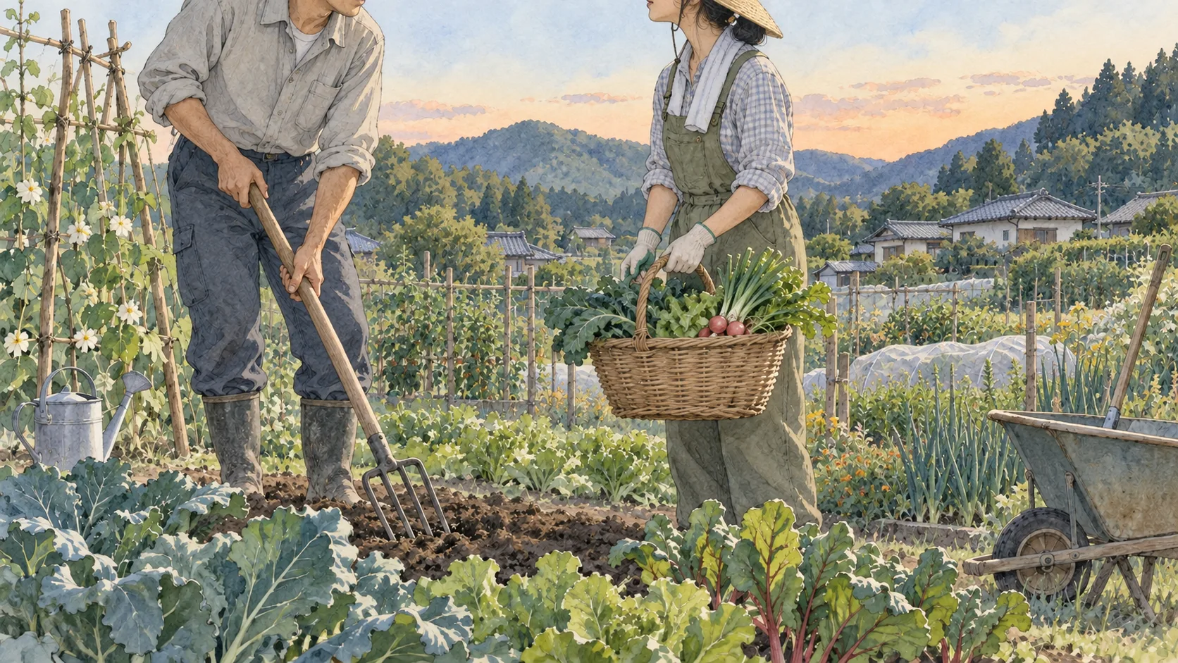 畑で土を整えたり野菜を運んだりしながら話す二人