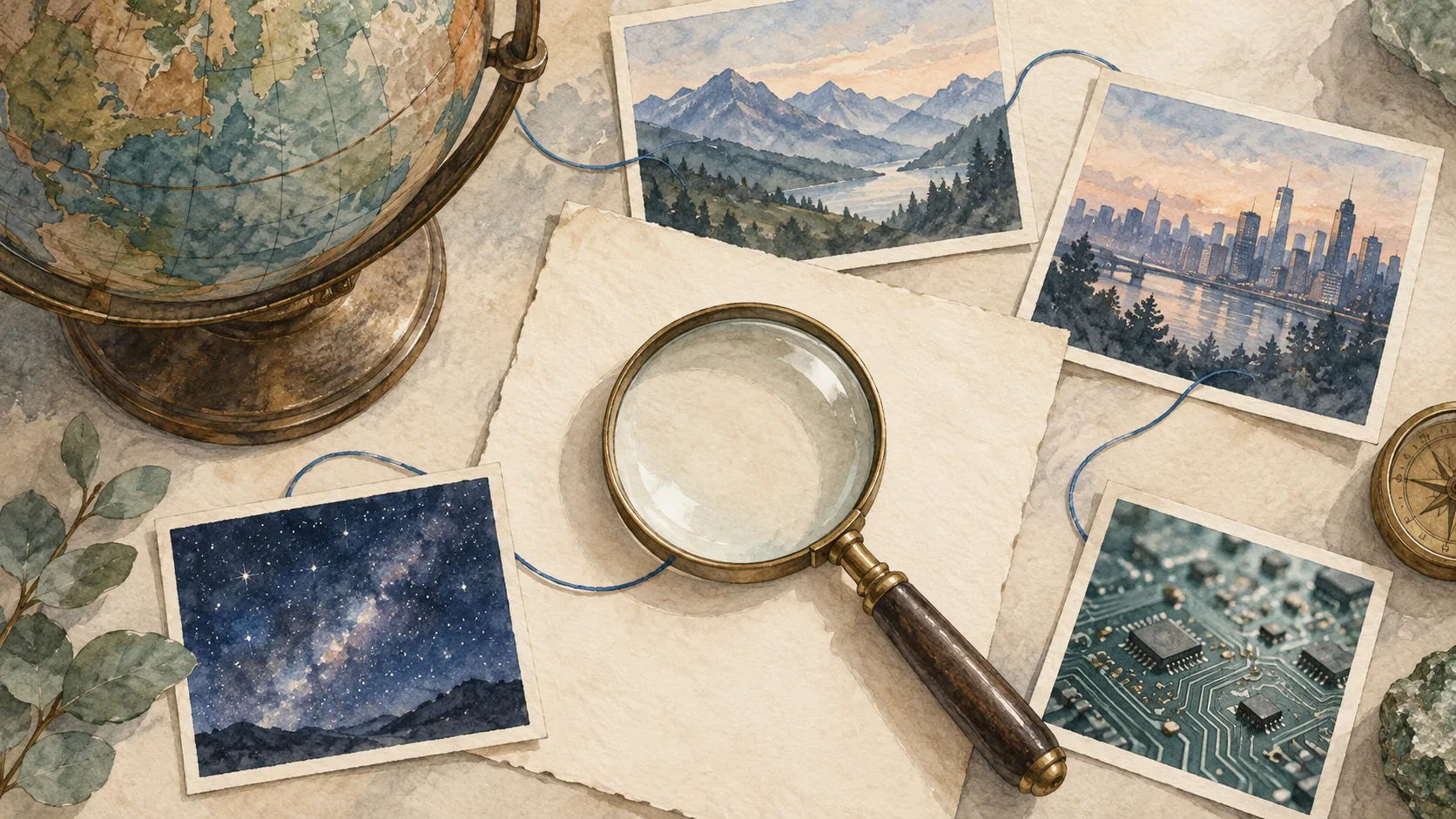 地球儀と虫眼鏡、街や星空などを描いた写真が並ぶ机