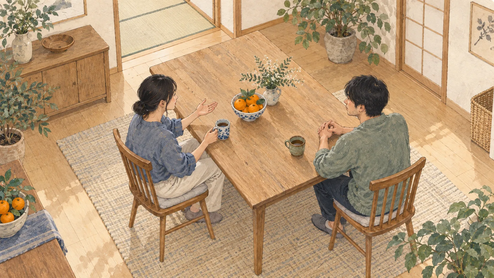 食卓を挟み、手を開いて話す人と静かに耳を傾ける人