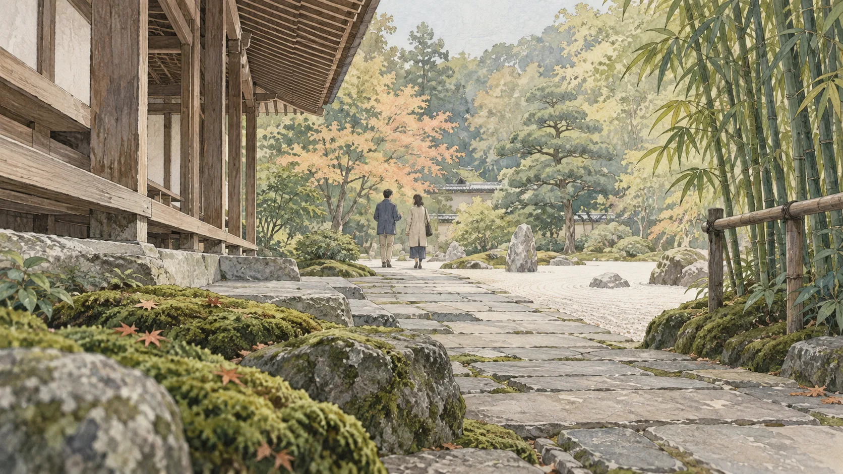 苔や竹に囲まれた寺院の庭の道を、話しながら歩く二人