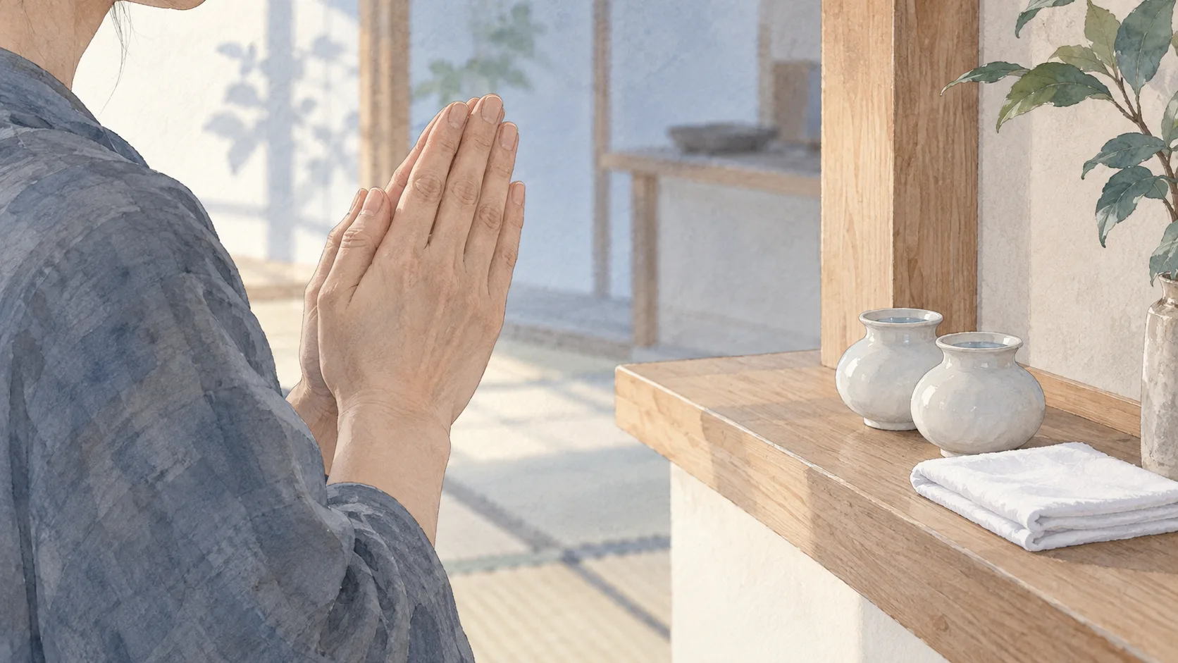 白い器を置いた木の棚の前で、静かに手を合わせる人の手元