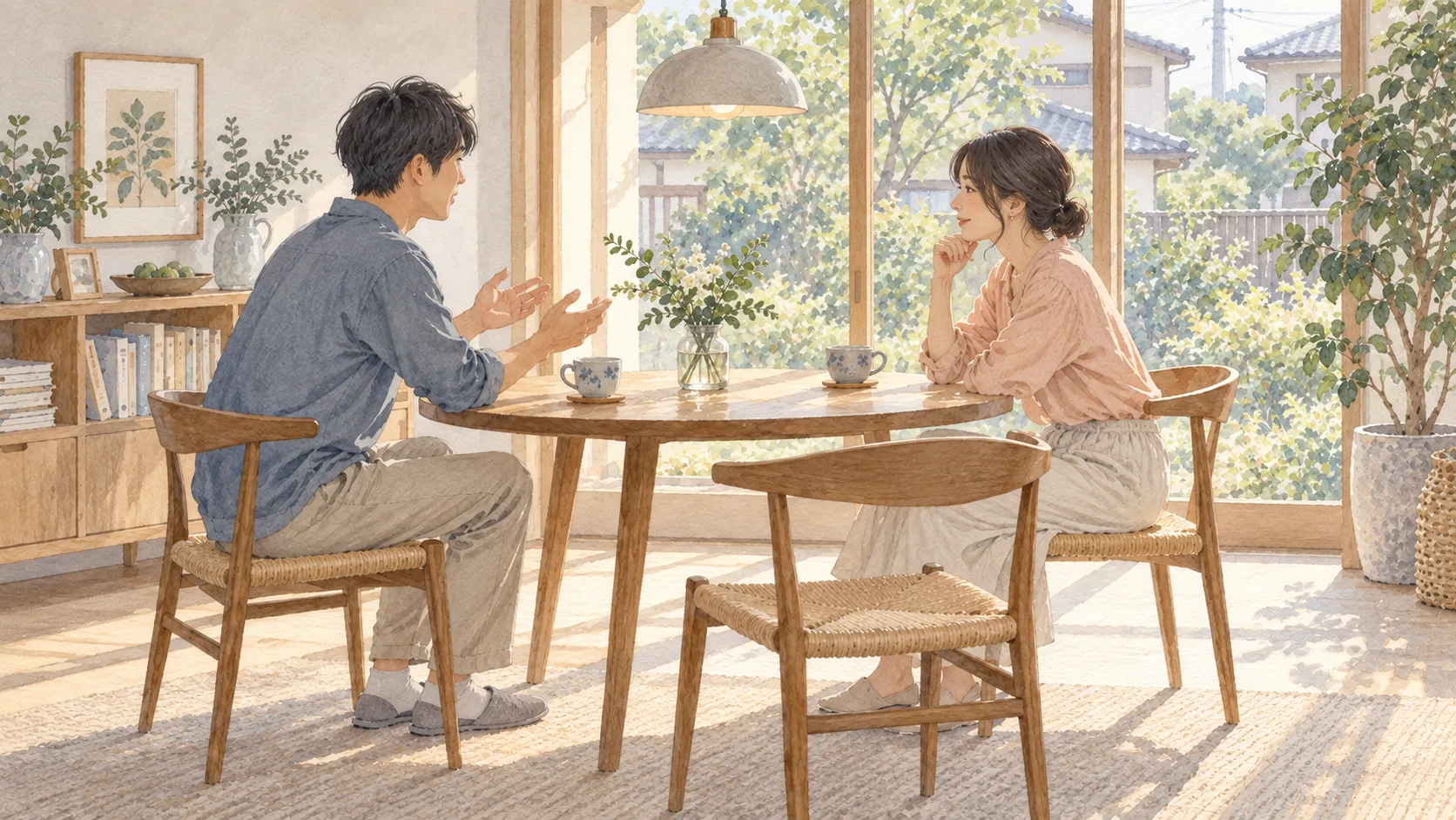 丸いテーブルを挟み、お茶を飲みながら話す二人
