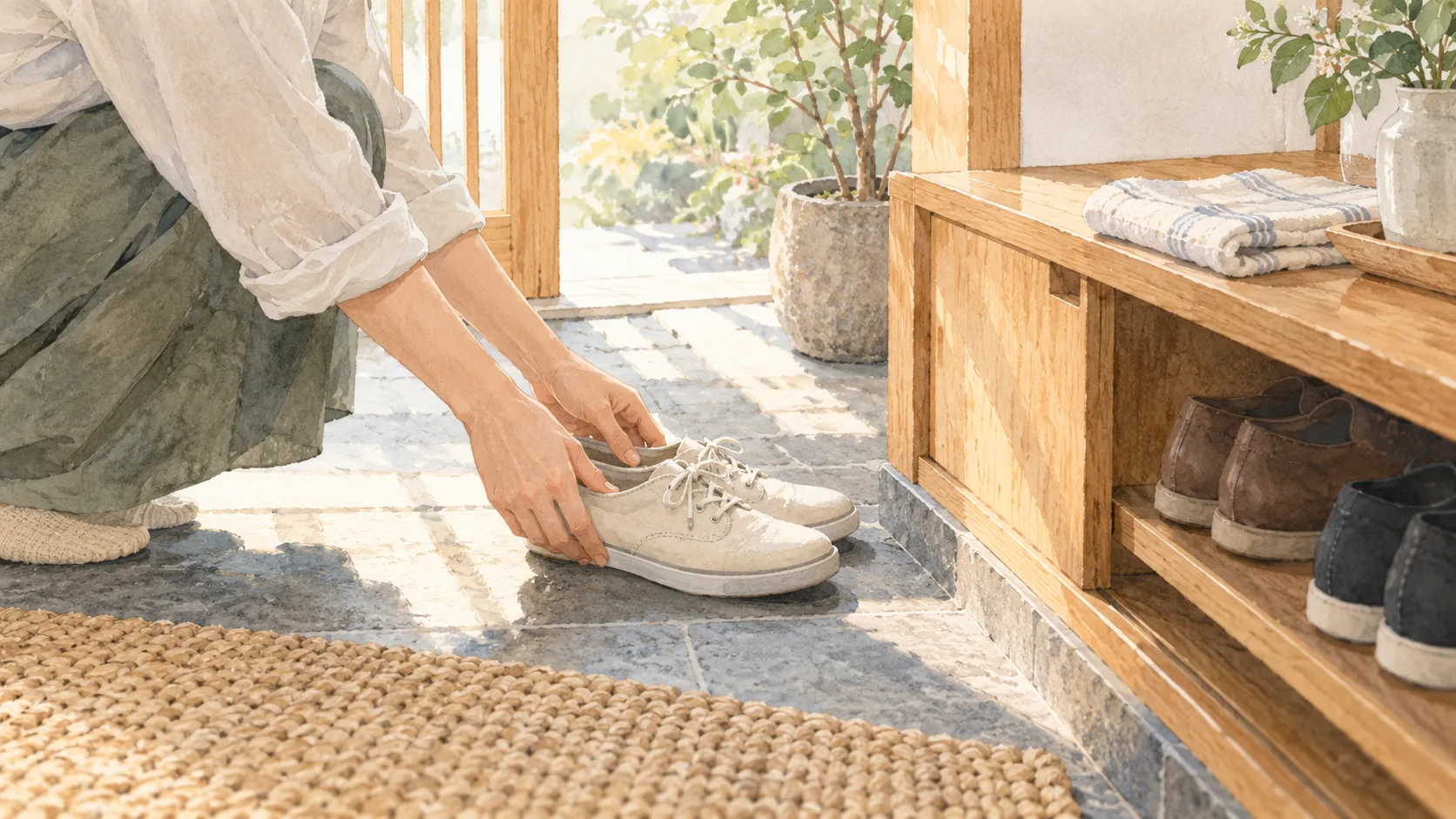 玄関で靴をそろえる手元と、そばに置いた掃除用の布