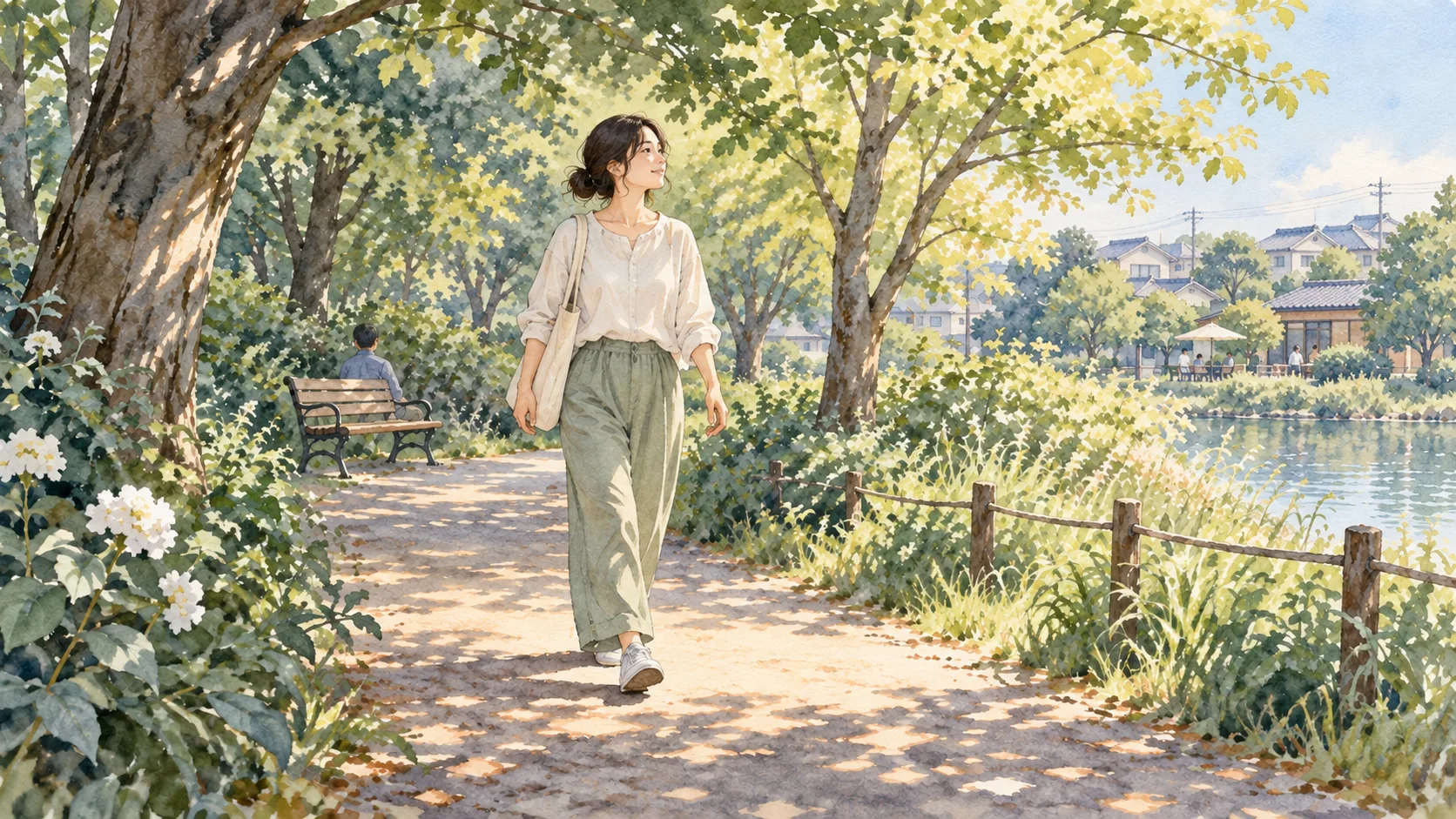 木陰から日なたへ、ゆっくり公園の小道を歩く人