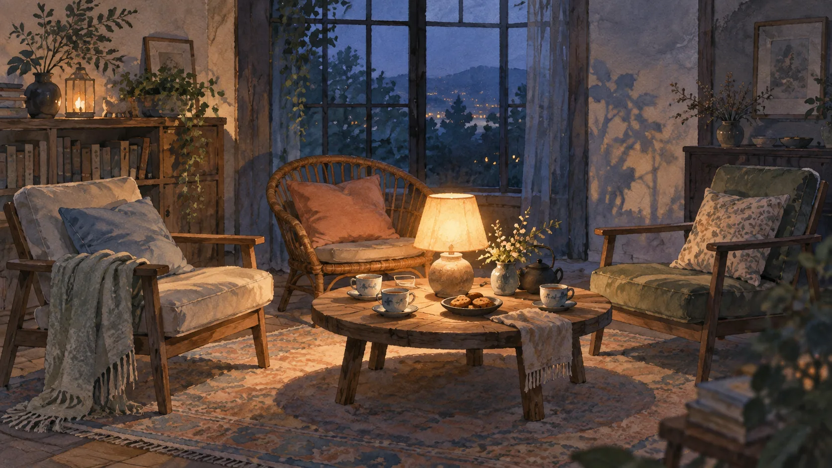 夜の部屋に並ぶ三つの椅子と、テーブルを照らす小さな灯り
