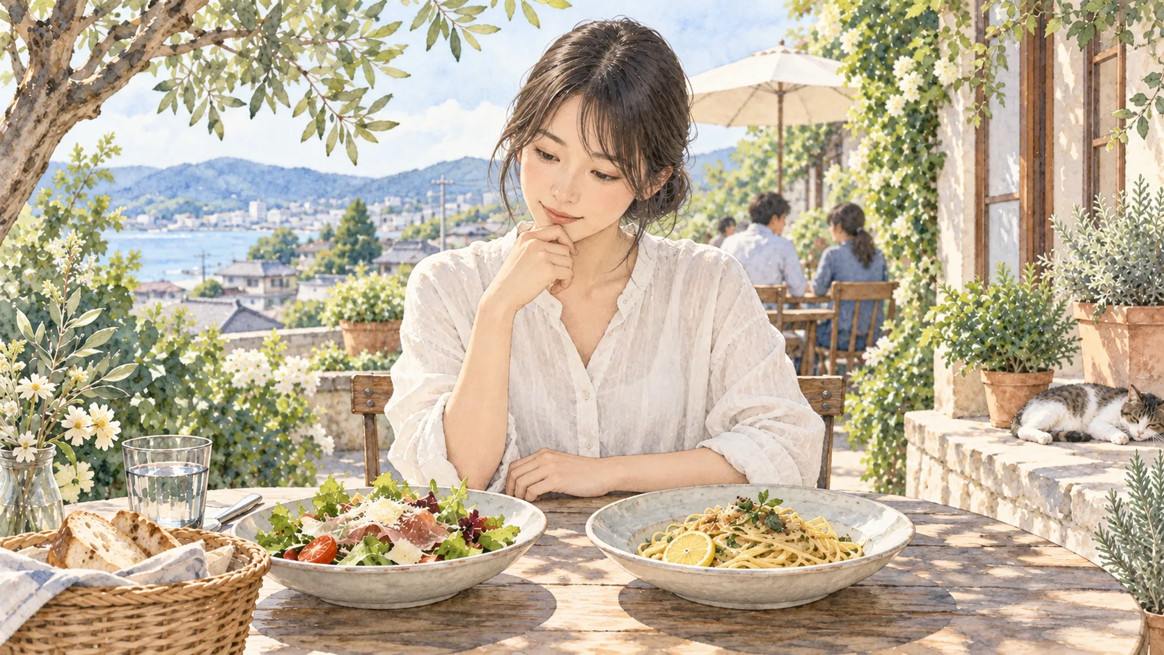 緑の見えるテーブルで、食べたいものを考える人