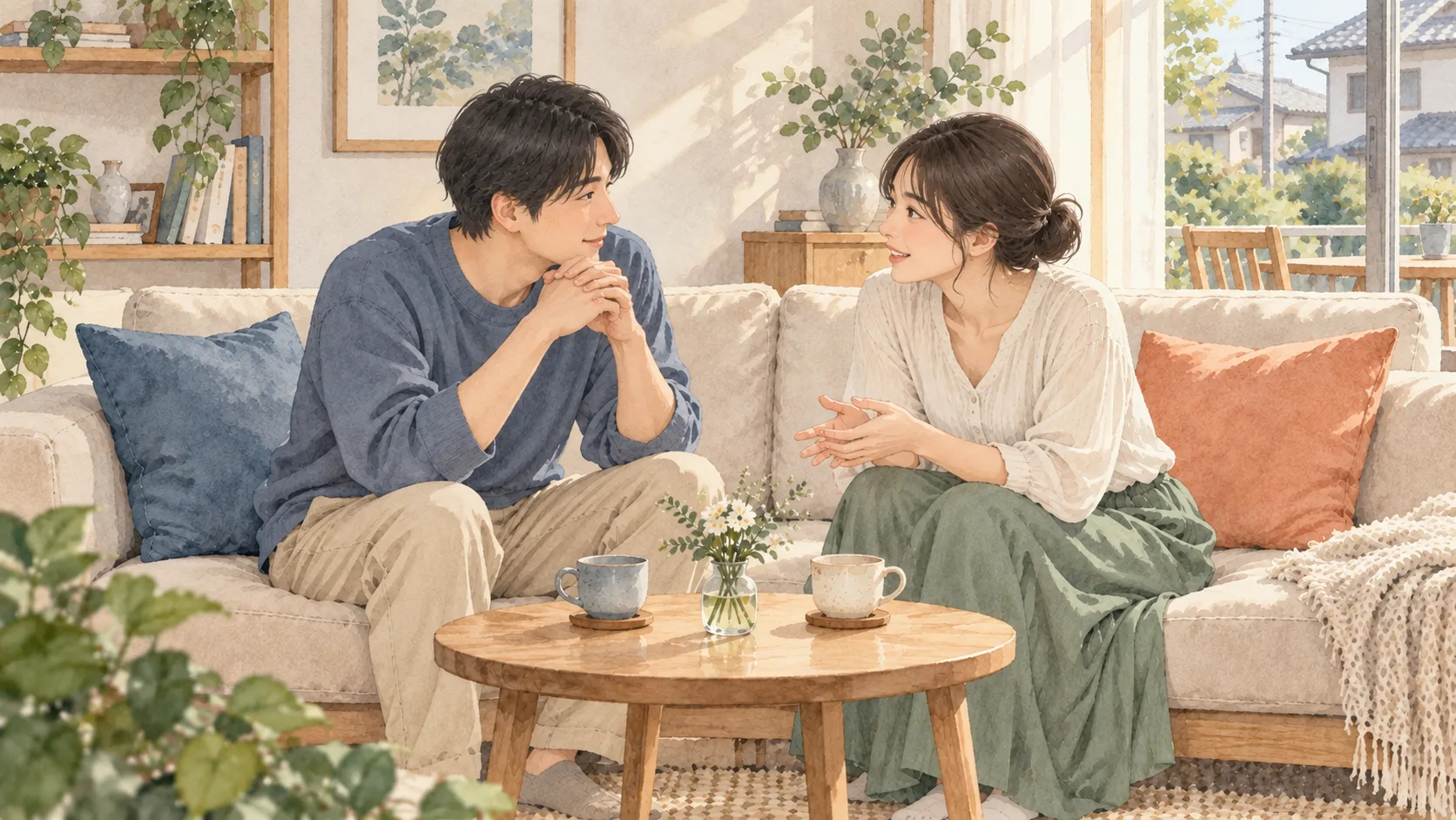 向かい合って座り、相手の話に耳を傾ける二人