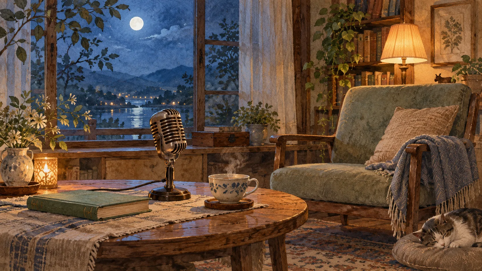 夜の小さな部屋に置かれたマイクと、話し手を待つ椅子