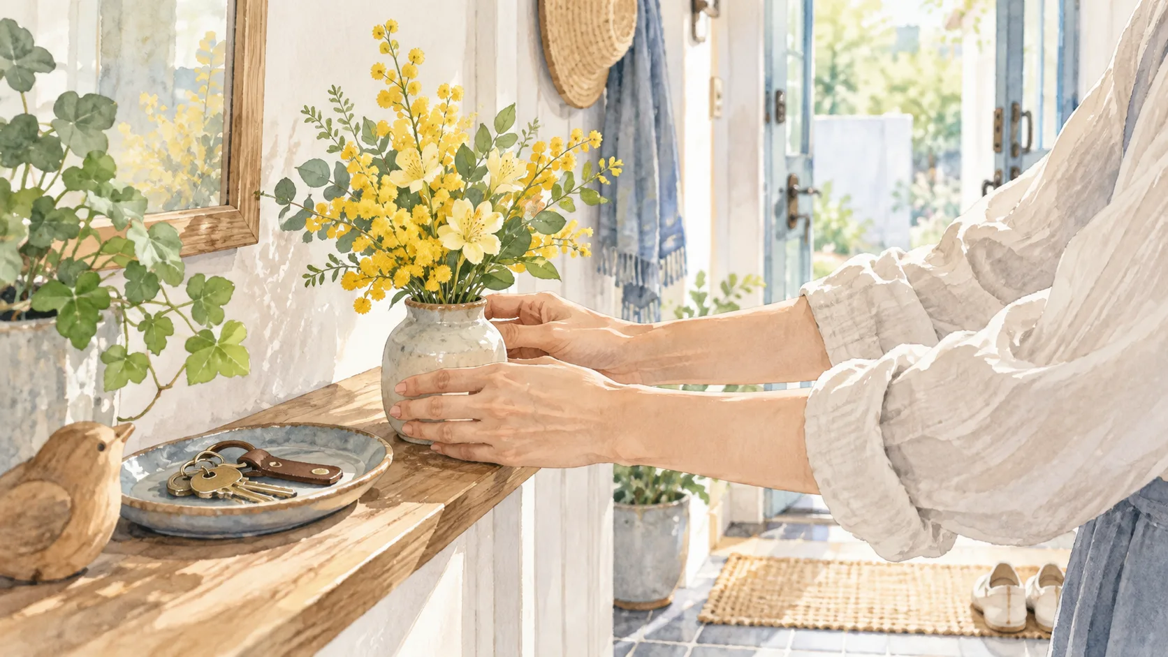 玄関の棚に、黄色い花を生けた小さな花瓶を置く手