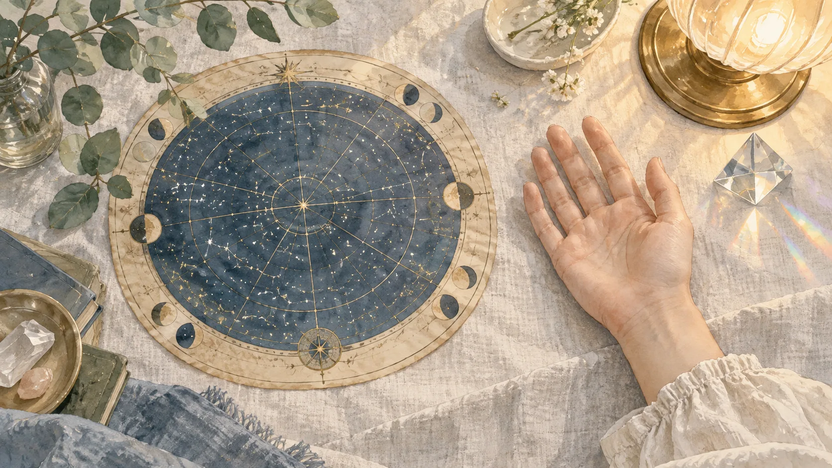 星の輪を描いた紙のそばに、手のひらをそっと開いた手元