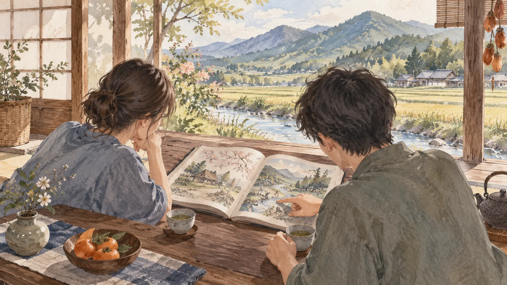 山や田畑を望む窓辺で、昔話の本を一緒に眺める二人