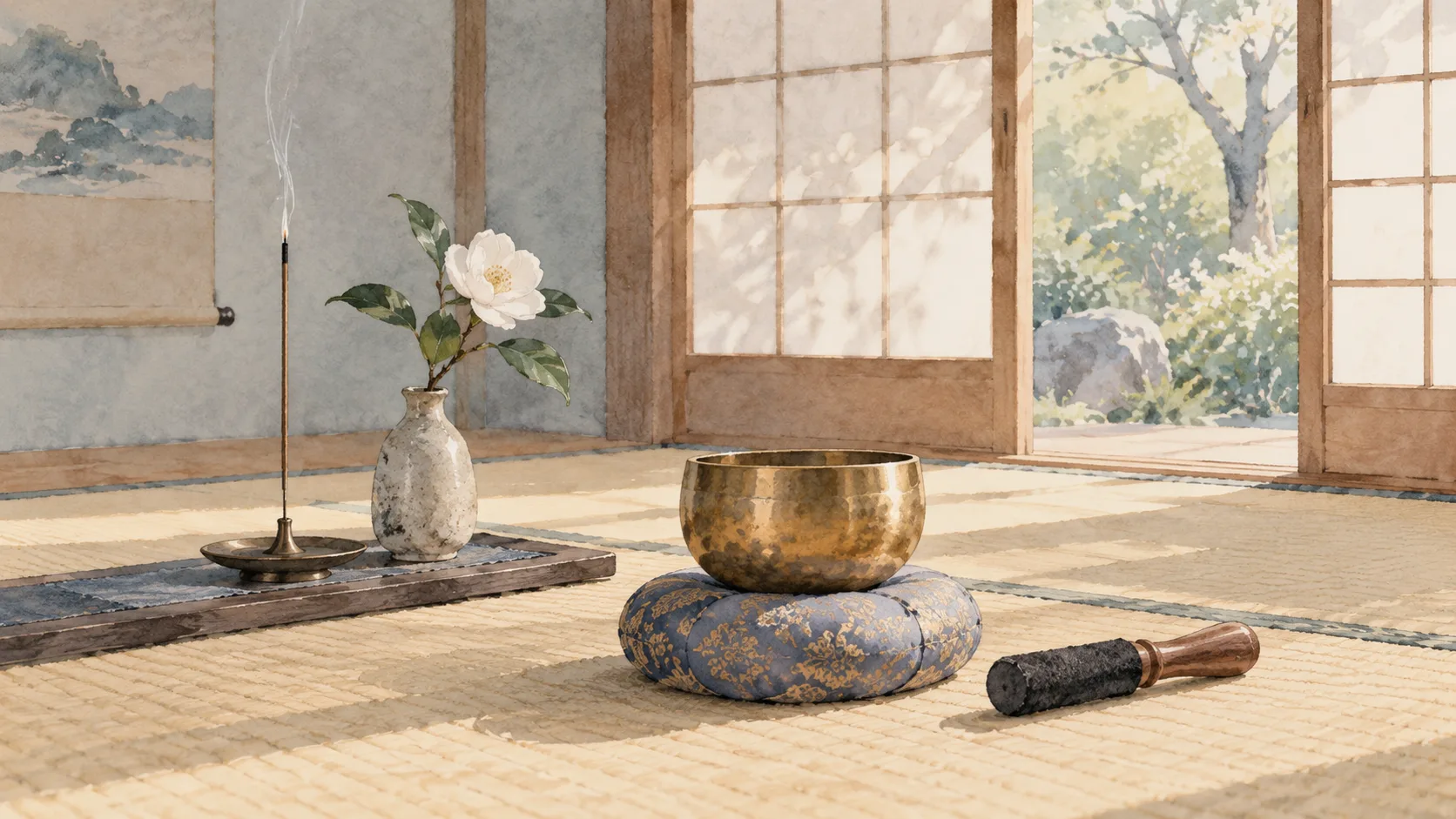 障子の光が差す静かな部屋に置かれた、おりんと一輪の花