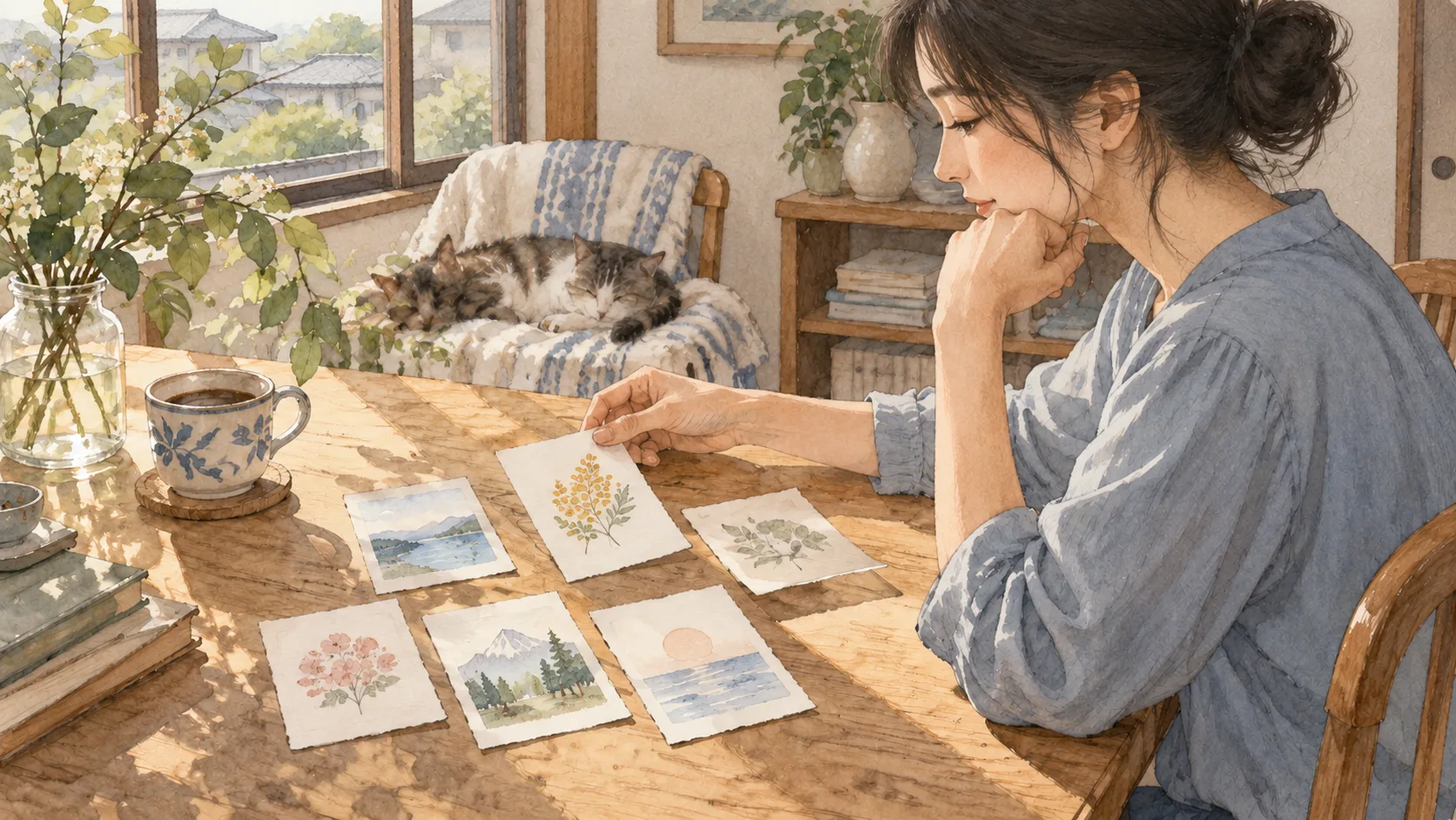小さな絵のカードを机に並べ、今日の一枚を選ぶ人