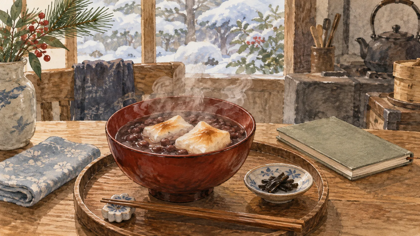 汁粉の赤い椀に二つの餅が浮かび、湯気が上がる冬の食卓