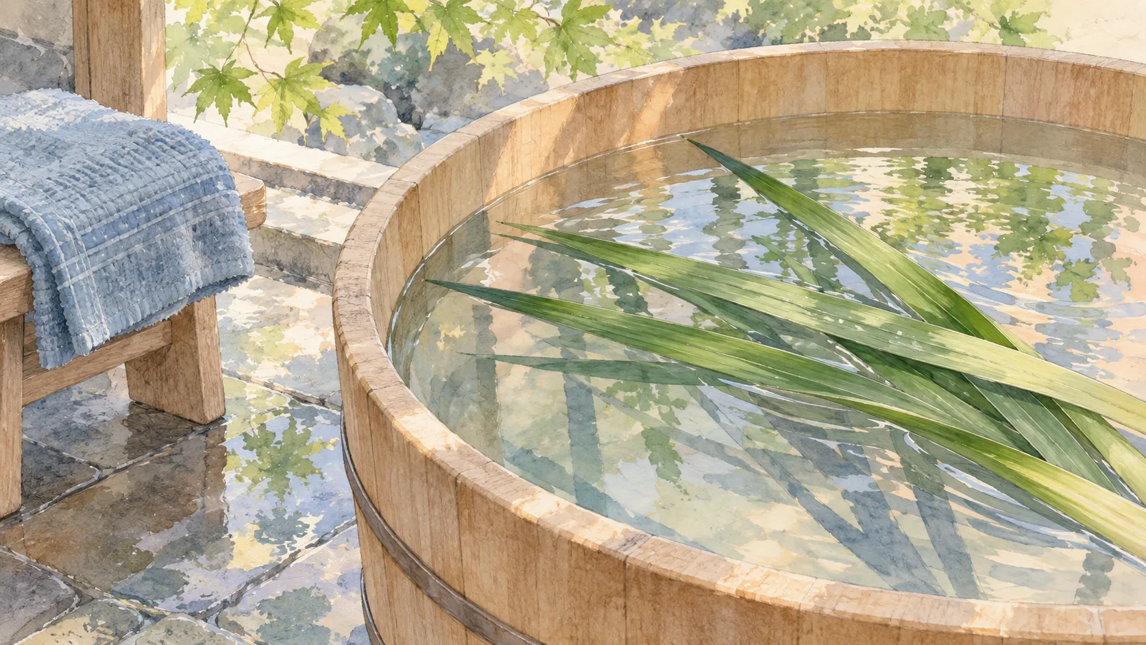 木の湯船に浮かぶ長い菖蒲の葉と青いタオル