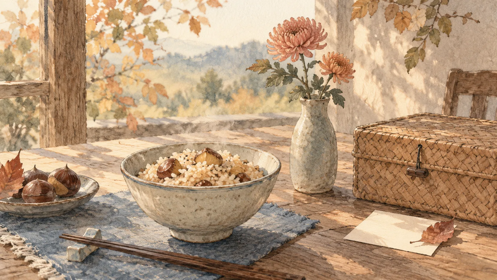 栗ご飯と菊の花、蓋を閉じた編み箱のある秋の食卓