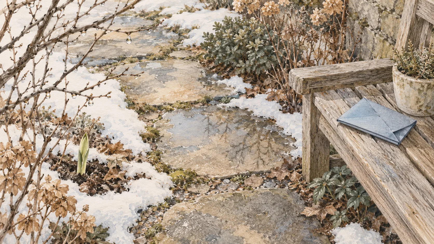 雪解けの小道と新芽、ベンチに置かれた青い封筒