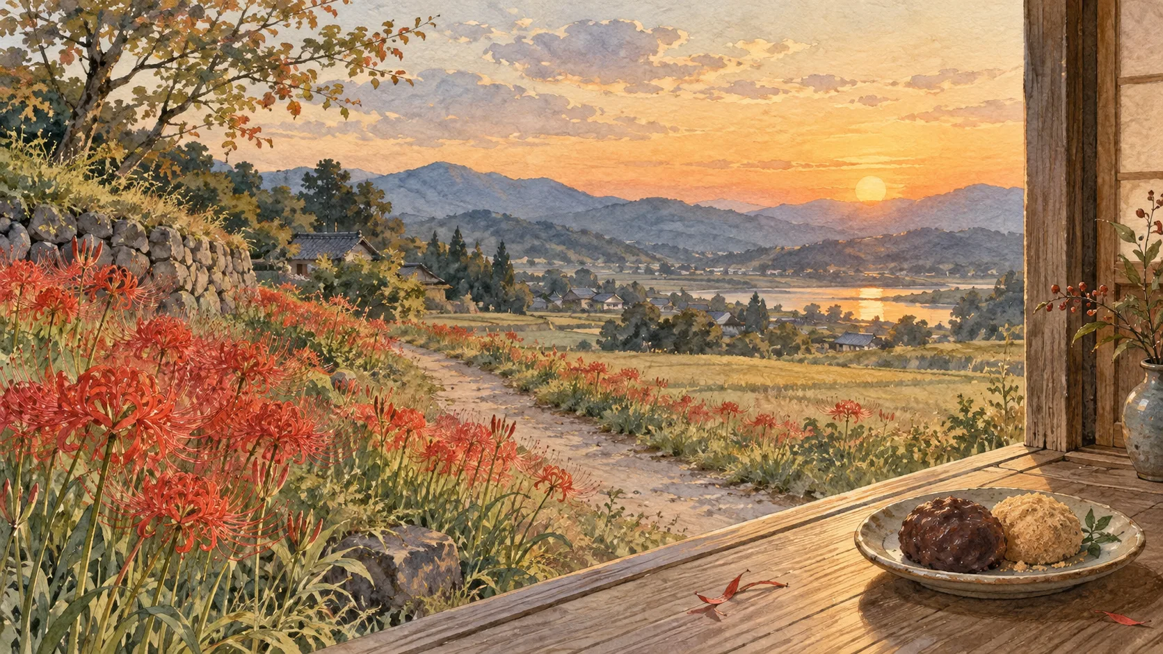 彼岸花の咲く小道と西の夕空、縁側のおはぎ