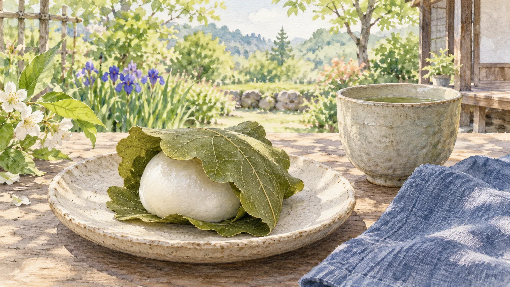 柏の葉に包まれた餅とお茶、青い布のある初夏の卓