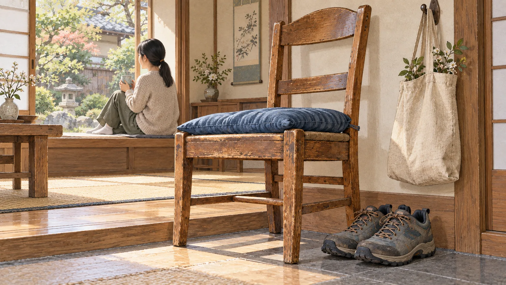 青い座布団の木の椅子と靴、春の部屋で休む人