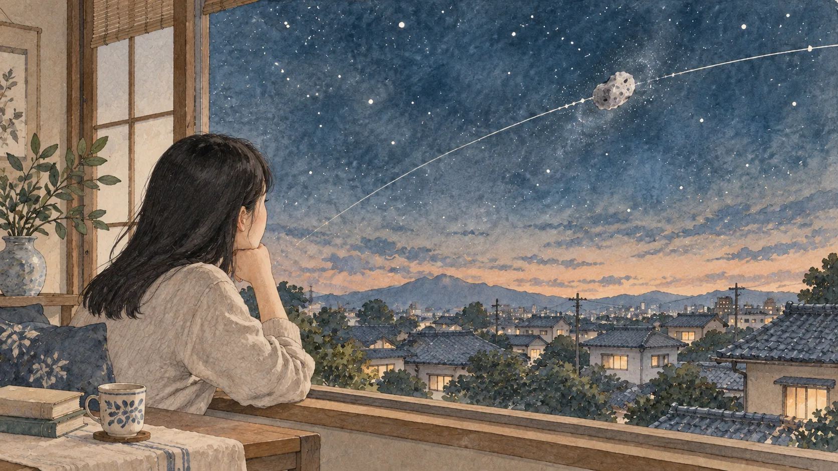 小天体と弧のイメージを重ねた夜空を、部屋から眺める人